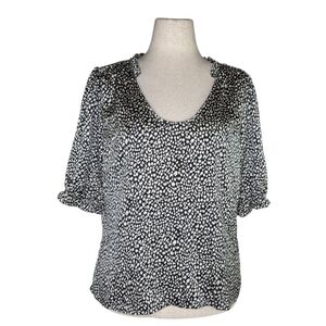 Another Love Black White Animal Print Blouse Size Large Puff Sleeve Ruffle Top